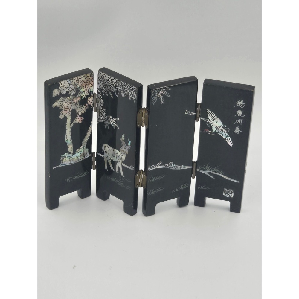 Vintage Black Lacquer Mother of Pearl Inlay 4 Panel Mini Table Screen Deer Crane - Picture 10 of 14